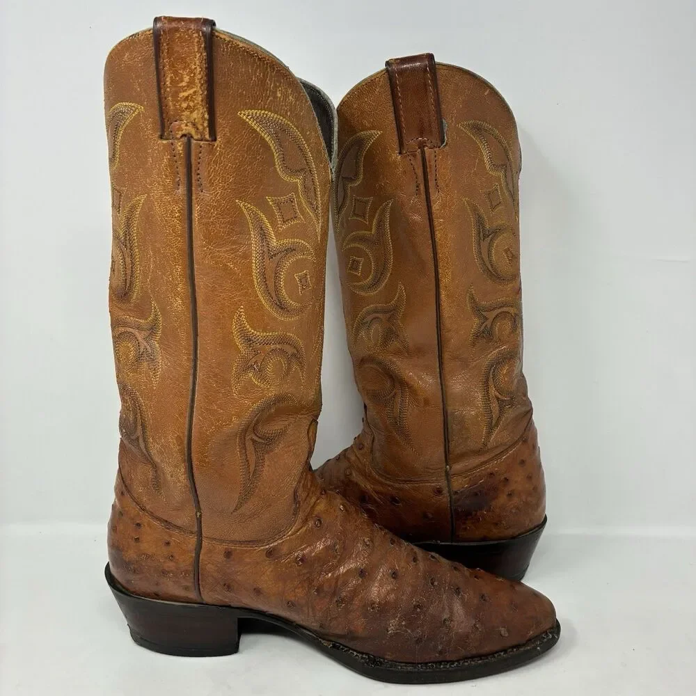 VGUC 8.5 D Justin Boots Full Quill Ostrich Cognac Tan Exotic Men's 8925 Vintage
